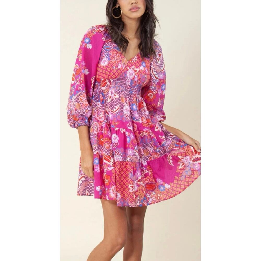 Hale Bob Mini Dress XS Paisley Fuchsia Bubble Long Sleeves Pink Floral Sundress - Picture 7 of 7